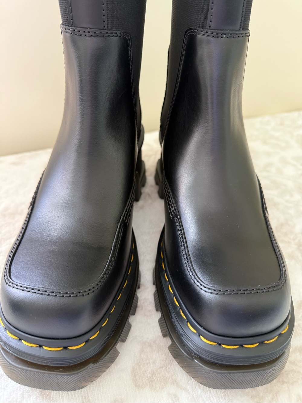 Dr. Martens Corran Black Leather Chelsea Lug Boots with Yellow Stitching - Picture 3 of 14